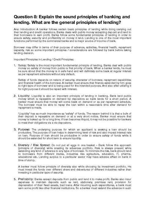 Explain the sound principles of banking and lending. What are the ...