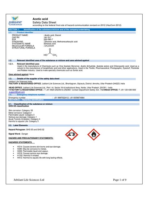 Acetic Acid SDS Safety Summary | PDF | Dangerous Goods | Workplace
