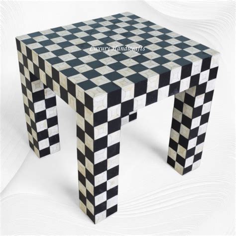 Bone Inlay Side Table Chessboard Design Black – Luxury Handicrafts