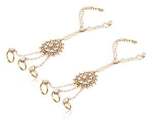 Buy Sanjog Brass & Metal Kundan Moti Multi Ring Bracelet Hathphool Hand ...