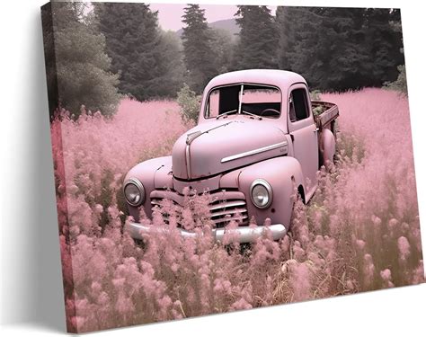 Amazon.com: GLOKAKA Farmhouse Old Truck Canvas Wall Art,Pink Color Car and Flower Around Rustic ...