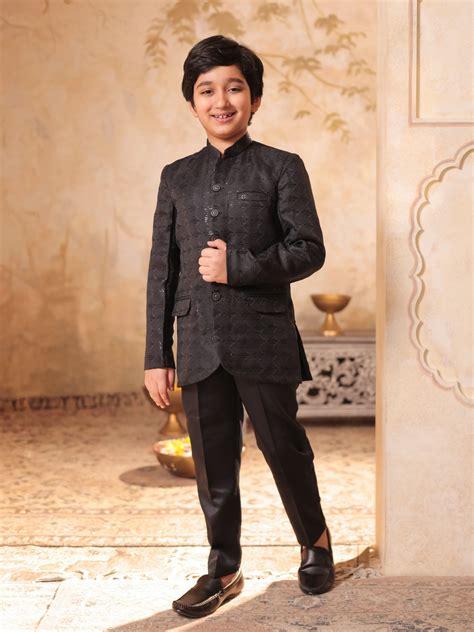 Boys Grey Jacquard Full Sleeves Sequins and Embroidery Sherwani – AJ ...