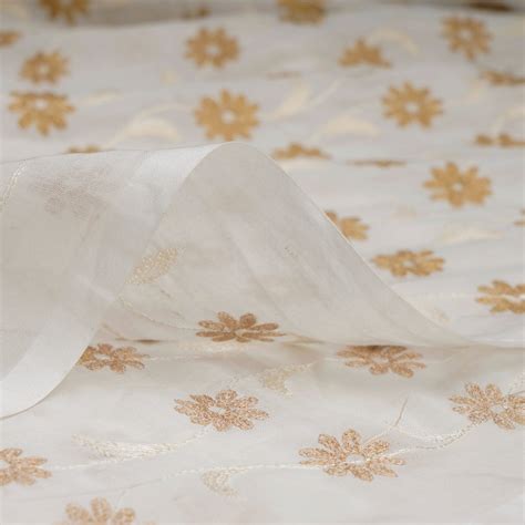 Buy White-Golden Color Embroidered Cotton Voile Fabric 69115/1 | FFAB