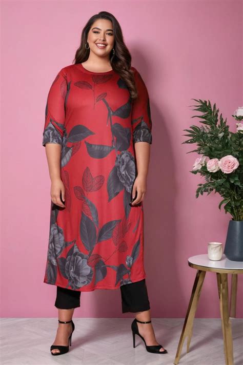 Buy Comfortable Red Floral Kurti For Plus Size Women | Amydus