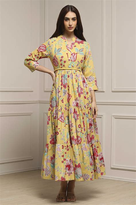 Buy Yellow Cotton Floral Tiered Dress Online at Biba India