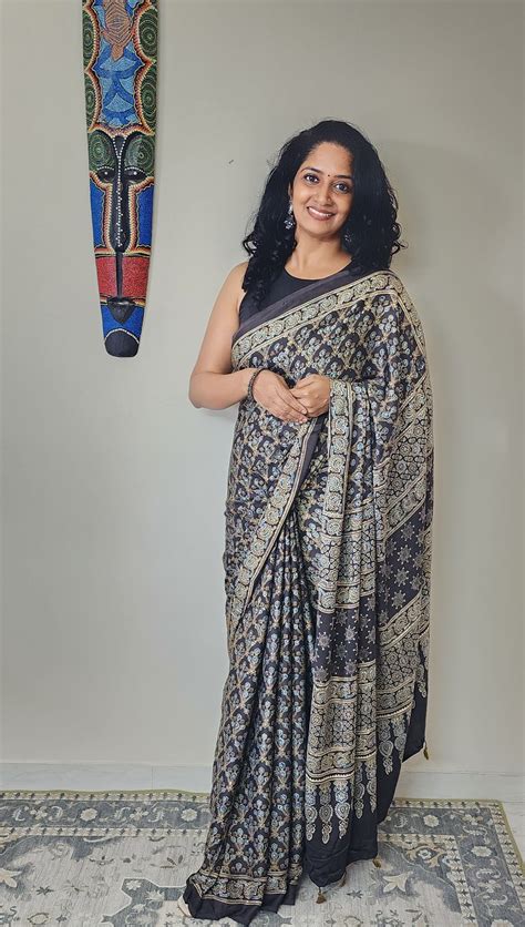 Ajrakh Modal saree (Black) – Fabric Fables