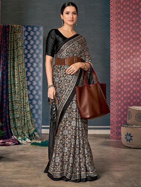 Ajrak Printed Crepe Saree | Pure Japan Crepe | Raj Silk Villa