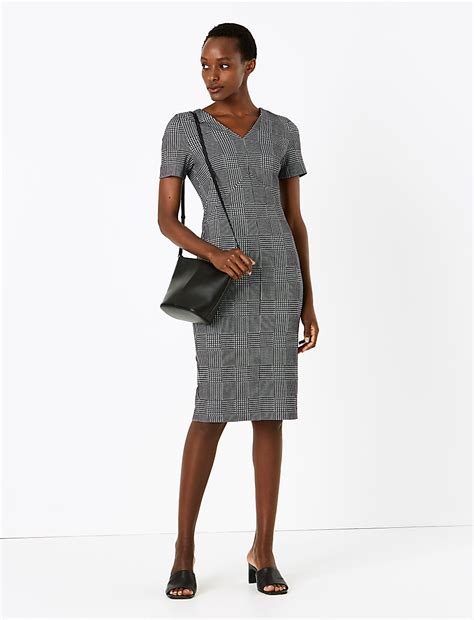 Buy Jersey Checked V-Neck Midi Tailored Dress at Marks & Spencer