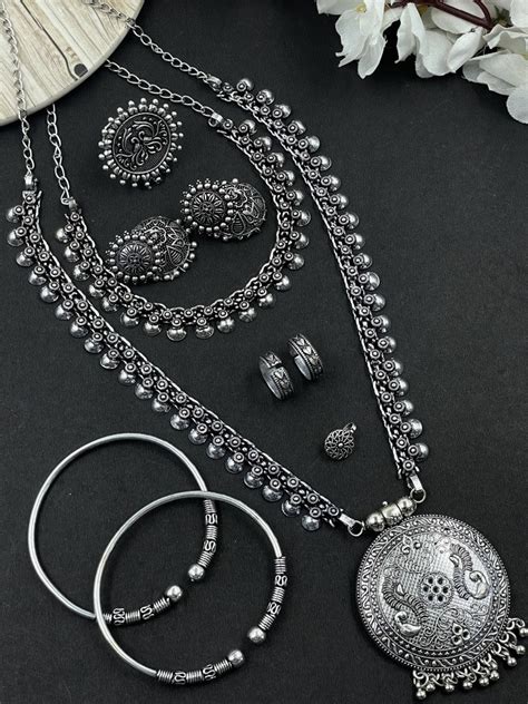 MUKTI OXIDISED SILVER PENDANT NECKLACE JEWELLERY SET COMBO – Naman Arts