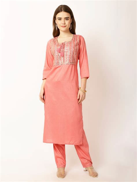 Ethnic Motifs Yoke Design Regular Sequinned Kurta with Trousers ...