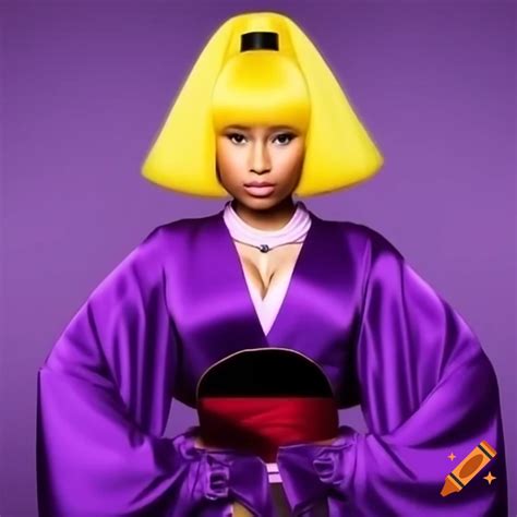 Nicki Minaj in purple Mulan costume with yellow bob hairstyle on Craiyon