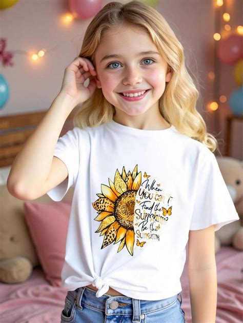 SHEIN Teen Girls Short Sleeve T-Shirt, Casual Sunflower & Butterfly ...