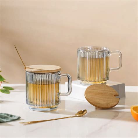 Aurora Ribbed Grey Glass Mug With Lid And Spoon Set Of 2 350 ml Online ...