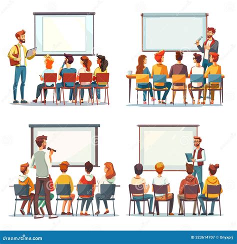 Lecture Cartoon Vector Scenes. School Board Man Teacher Listeners Back View Sitting Students ...