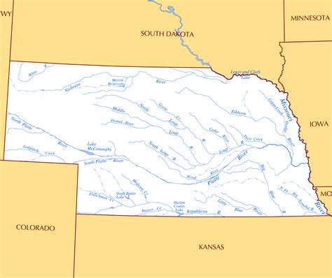 Large rivers and lakes map of Nebraska state | Nebraska state | USA ...