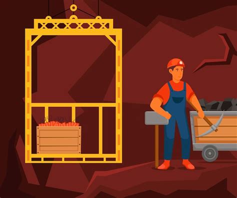 A cartoon of a man working on a mining site with a bucket and a bucket ...