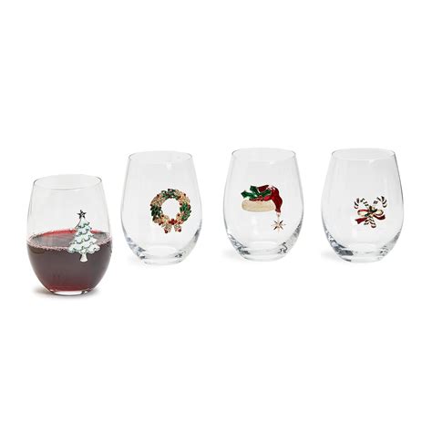 Holiday Cheer Set of 4 Stemless Wine Glasses with Christmas Icons ...