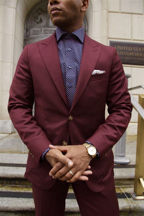 Burgundy suit + navy and red dress shirt + printed pocket square ...