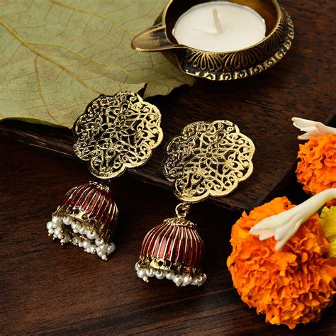 Buy Fida Women Gold-Toned & Red Dome Shaped Jhumkas Online