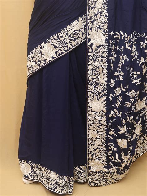Exquisite Blue Parsi Gara Saree: Hand Embroidered Crepe