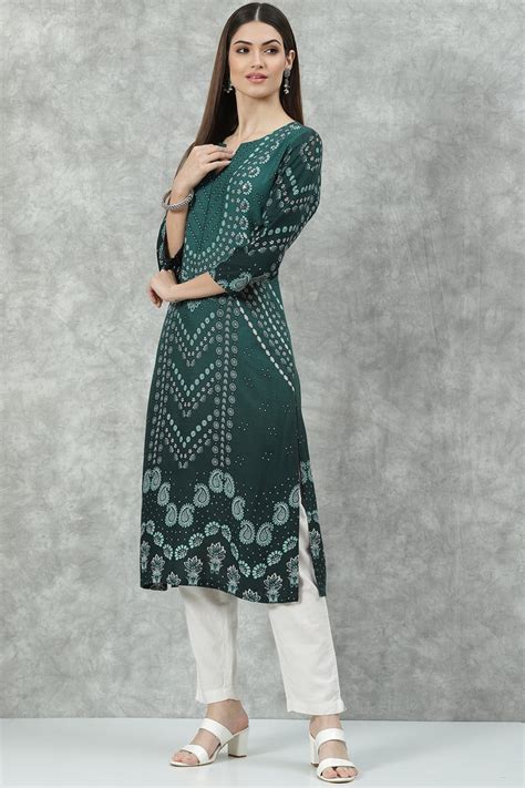 Buy Green LIVA Straight Printed Kurta Online at Biba India