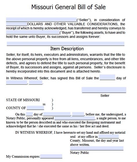 Free Missouri General Blank Bill of Sale Form | PDF | Word (.doc)