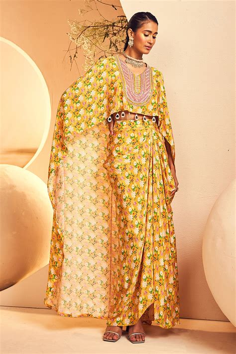 Yellow Motif High-Low Top Skirt – Aneesh Agarwaal