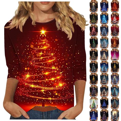 Nfurl Christmas Shirts for Women Holidays Time Xmas Tree Print Tshirts ...