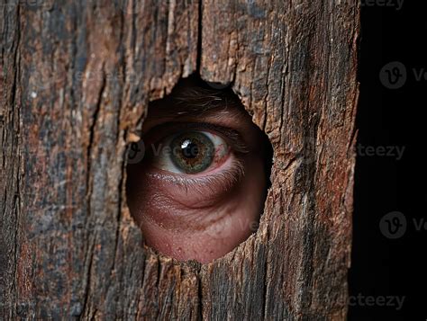 Eye peering through a hole in wood, creating a mysterious and intense scene 57798465 Stock Photo ...