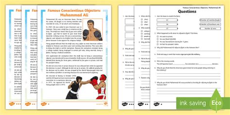 Famous Conscientious Objectors: Muhammad Ali Reading Comprehension Activity