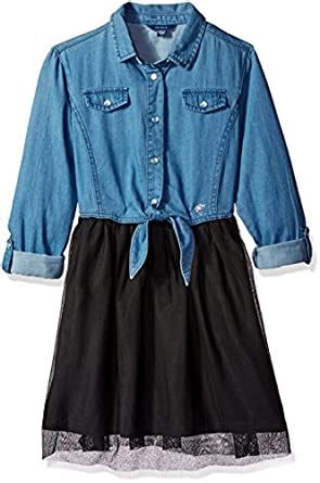 Buy GUESS Girls' Big Girls' Roll up Sleeve Denim and Tulle Dress, Noir ...