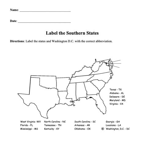 Southern States Map Printable