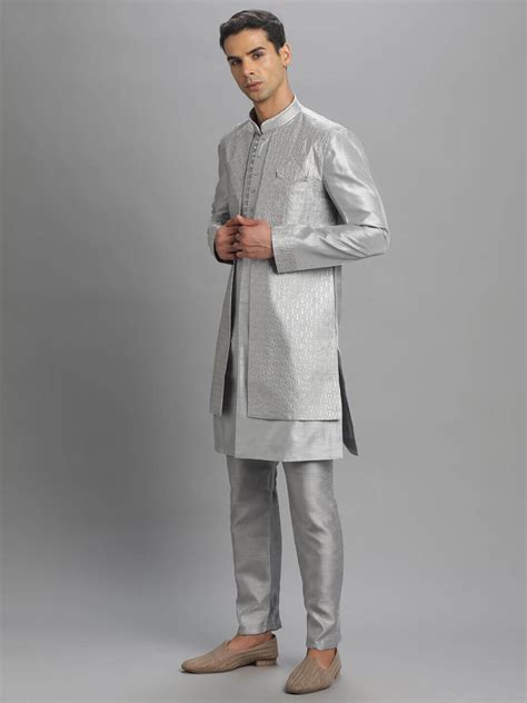 Rent Light Grey Long Kurta Pyjama Bandi | Traditional Wear