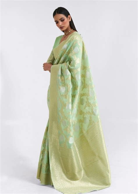 Pure Handloom Linen Mint Green Zari Wedding Saree Online Shopping – Sunasa