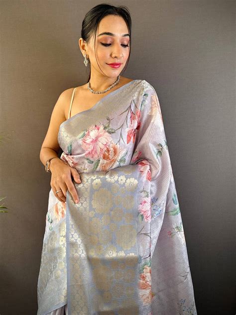 Buy Grey Kota Doriya Zari Floral Kanchi Border Saree