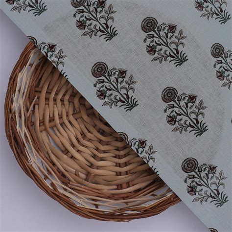 Pure Cotton Digital Printed Fabric - Floral, Light Blue, Unstitched ...