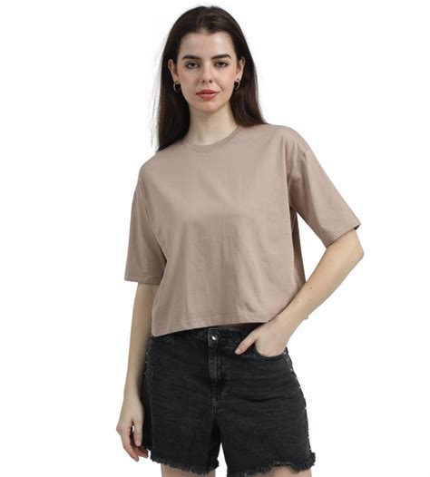 BEIGE SOILD OVERSIZED CROPPED TEE – TEEREX