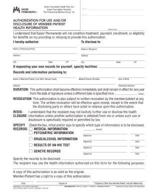 Kaiser Permanente Authorization For Use Or Disclosure Form - Fill and ...