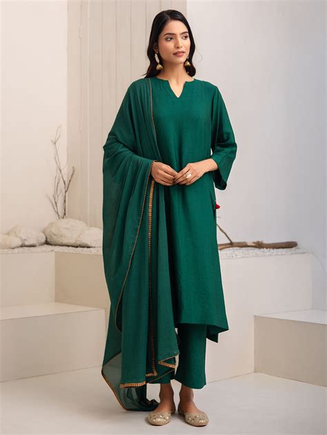 Green Thread Work Cotton Silk Kurta with Pants - Set of 2