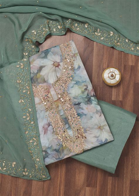 Buy Sea Green Stonework Tissue Unstitched Salwar Suit - Koskii