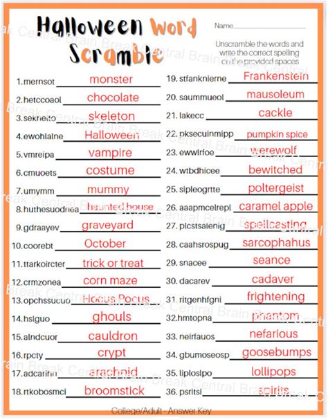 College/adult Halloween Word Scramble Worksheet With Answer Key ...