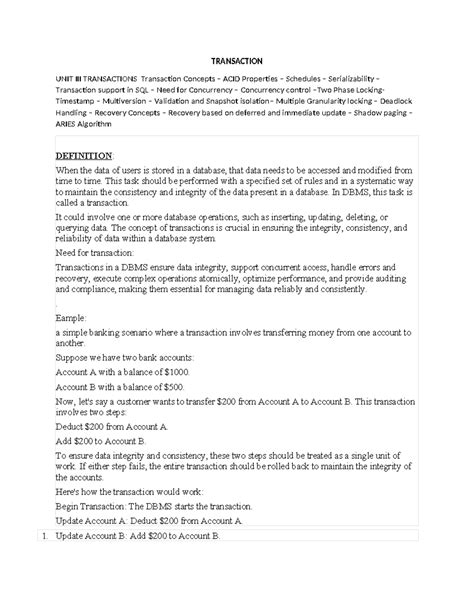 Unit 3 transactions - DBMS - TRANSACTION UNIT III TRANSACTIONS ...