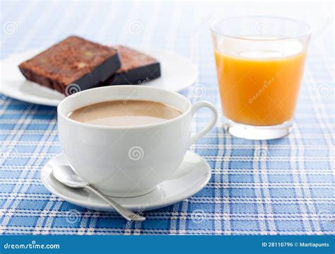 Breakfast with Coffee, Orange Juice and Cake Stock Photo - Image of ...