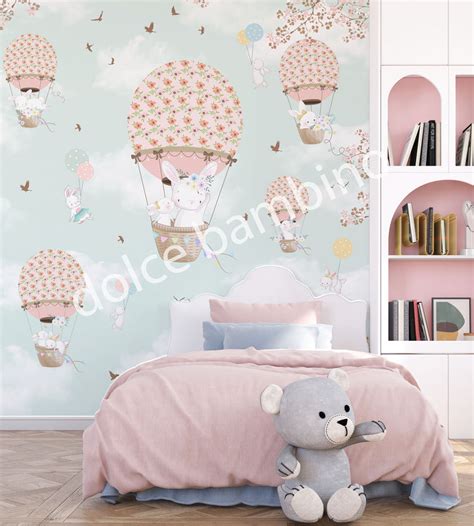 Hot Air Balloon & Animal Themed Wallpaper for Kids - Bunny Balloon ...