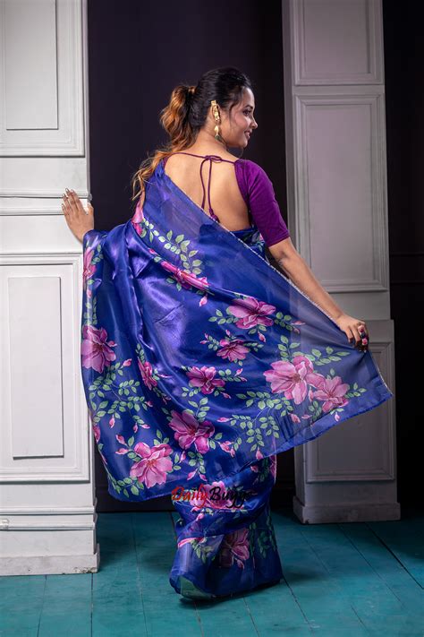 Blue Digital Floral Print Organza Sarees – Dailybuyys