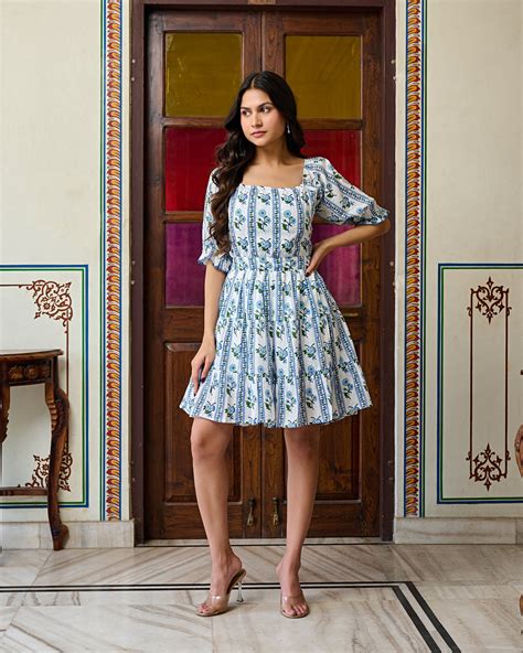 Blue & White Floral Hand-Block Printed Cotton Mini Dress – Tie-Up Back ...
