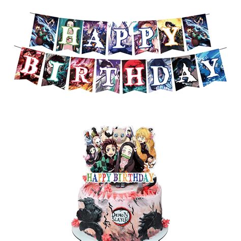 Buy Wuuyaa Demon Slayer Happy Birthday Banner Cake Topper Anime Decor ...