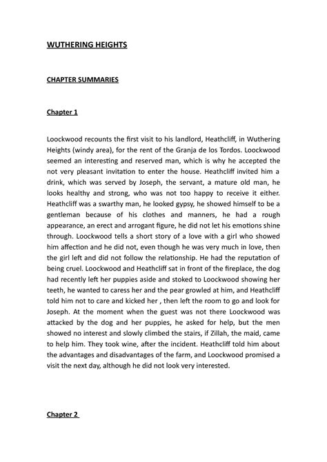 Unit 7 - Lecture notes 7 - WUTHERING HEIGHTS CHAPTER SUMMARIES Chapter ...
