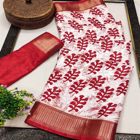 White & Red Floral Printed Dola Silk Saree
