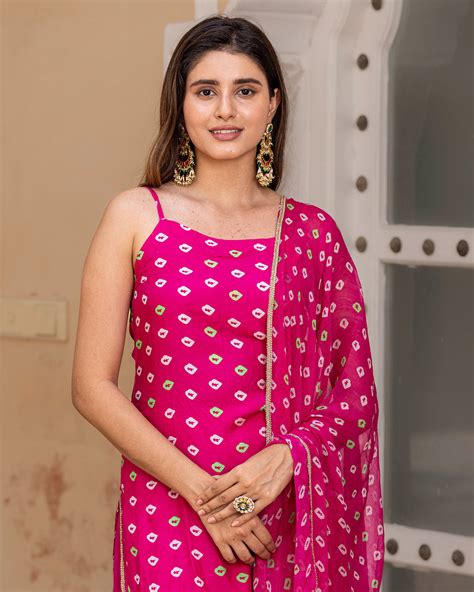 Buy Pink Bandhej Muslin Sharara Suit Set online in India – Ambraee